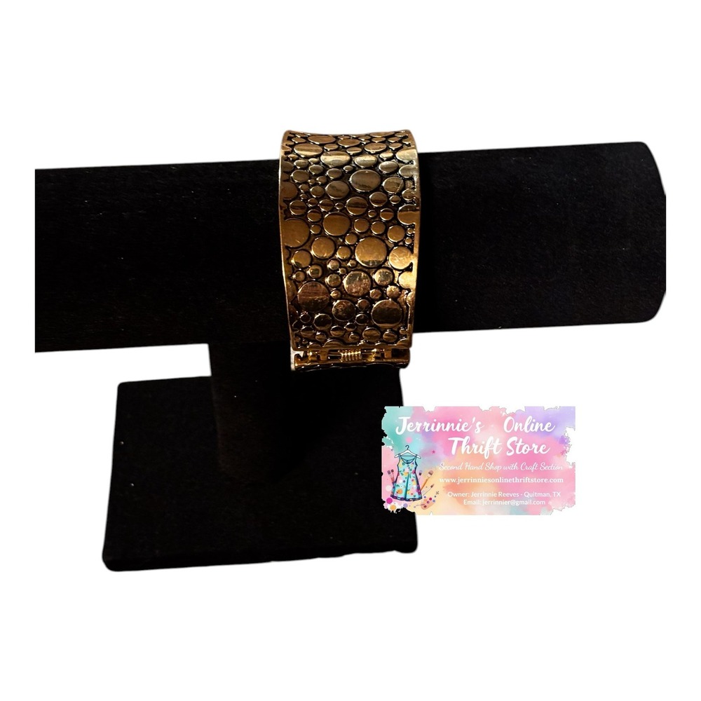 Gold Tone‎ Textured Bubble Pebble Statement Hinged Cuff Bracelet Wide Bold Boho